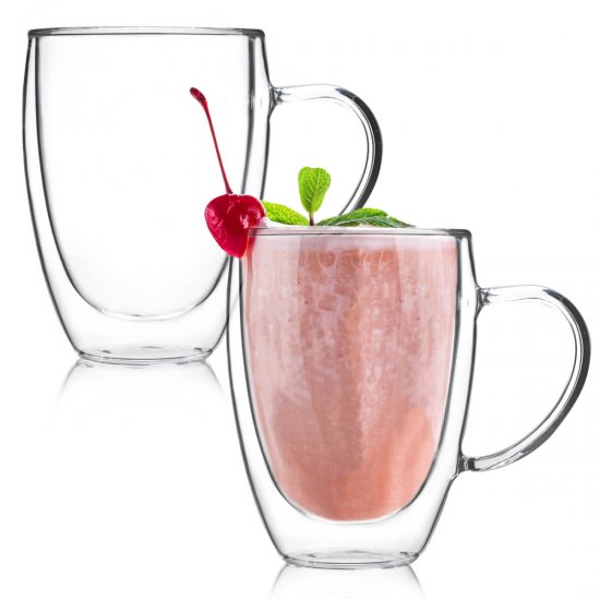 Double Walled Glass Coffee Mugs with Handle, 12 oz