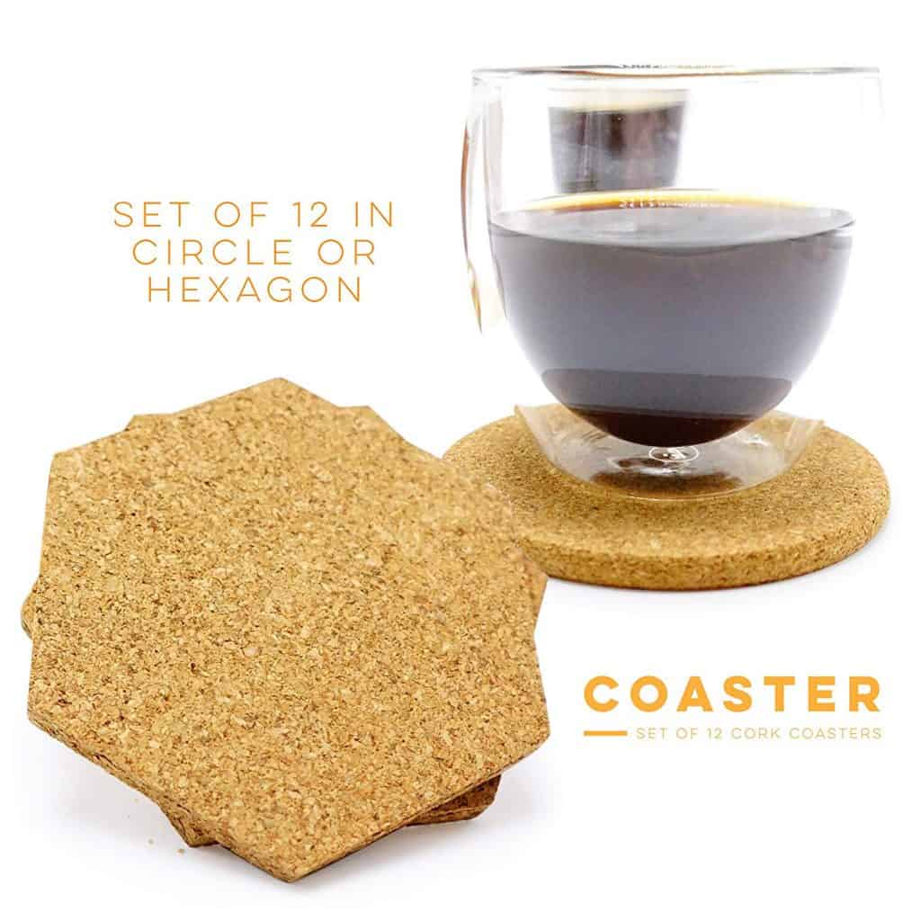 Absorbent Cork Coasters for Drinks (Round) Set of 12, Bulk Coaster