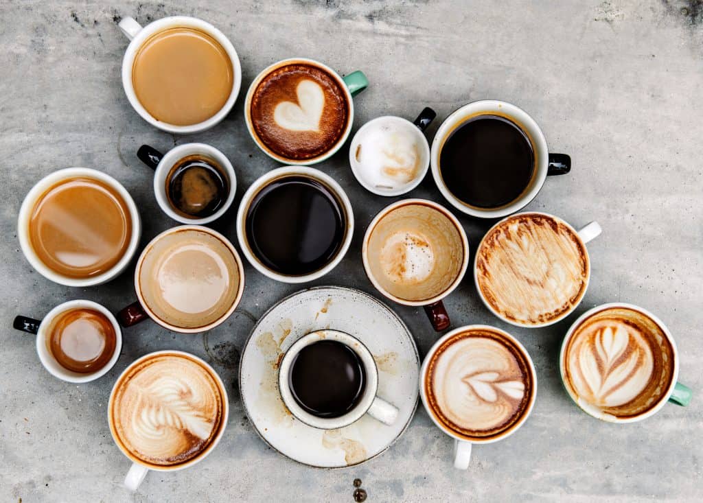 Aerial of various cups of coffee.