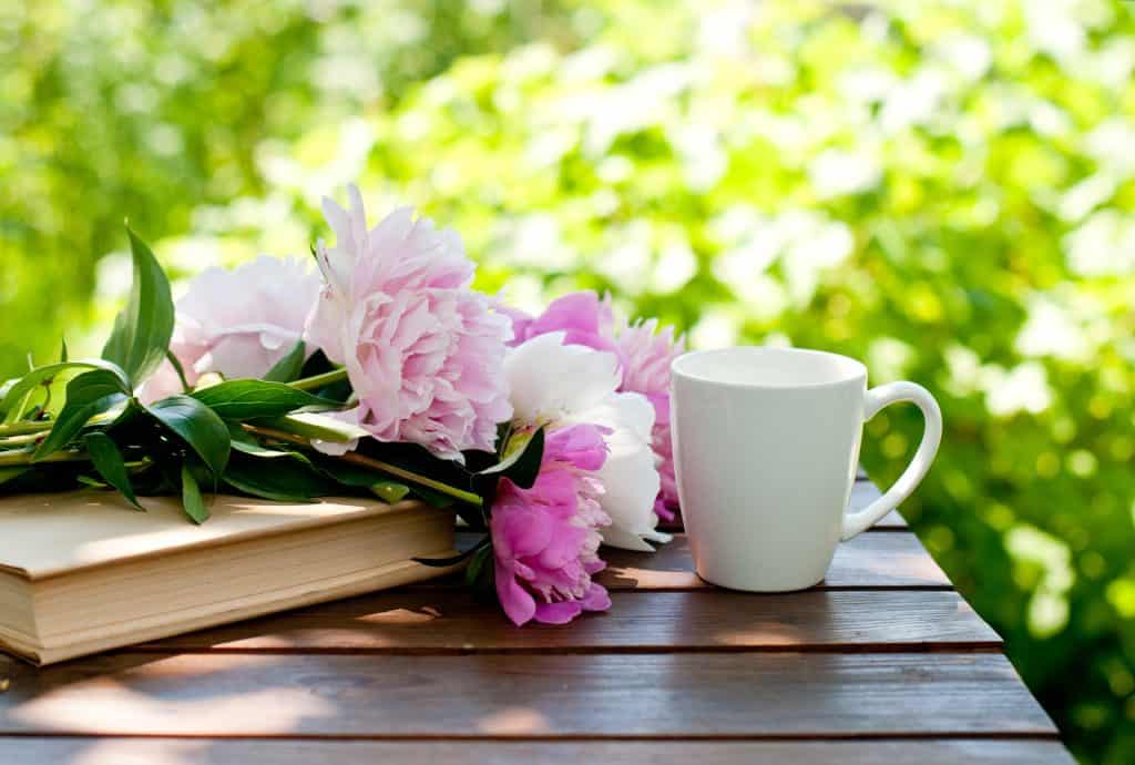 Book, flowers, and a cup of tea on a table in a spring garden.