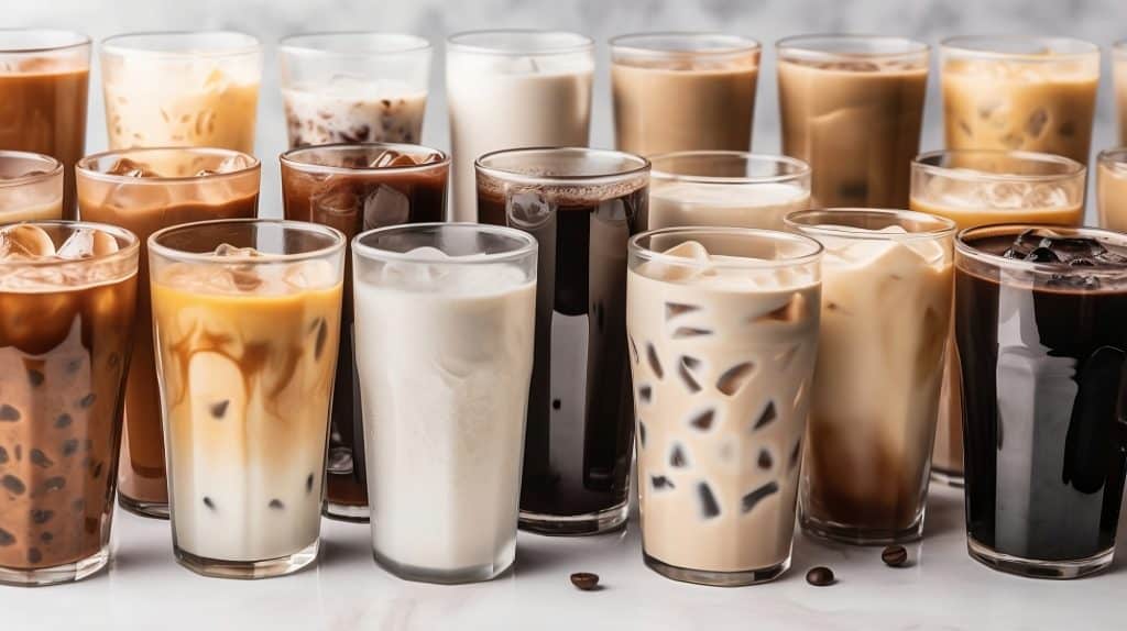 Three rows of iced coffee in various shades in tall glasses.